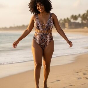 Matte Collection Snake Print Cutout One Piece Swimsuit Womens XL Monokini Belted